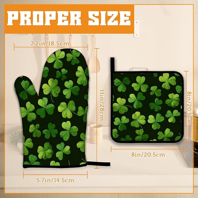Lucky Clover Oven Mitts and Pot Holders, Patrick's Day Heat Resistant Oven - Image 2