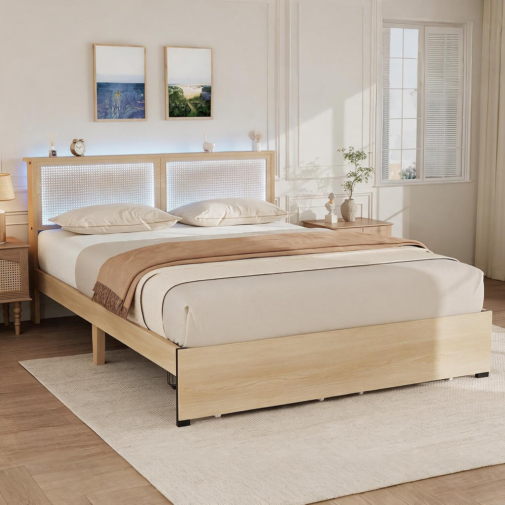 GarveeHome Rattan Full Bed Frame with 2 Storage Drawers and Led Lights