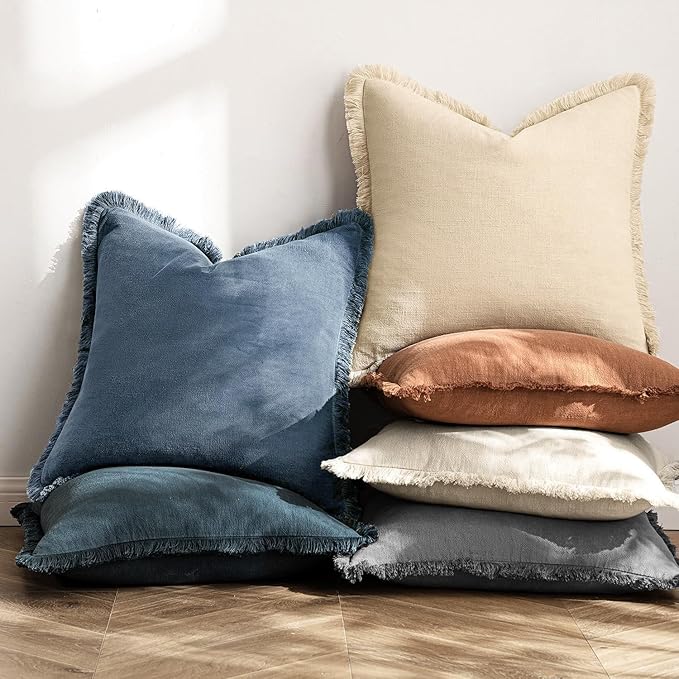 MIULEE Decorative Throw Pillow Covers Neutral Linen Fringe Throw Pillows Set of - Image 6