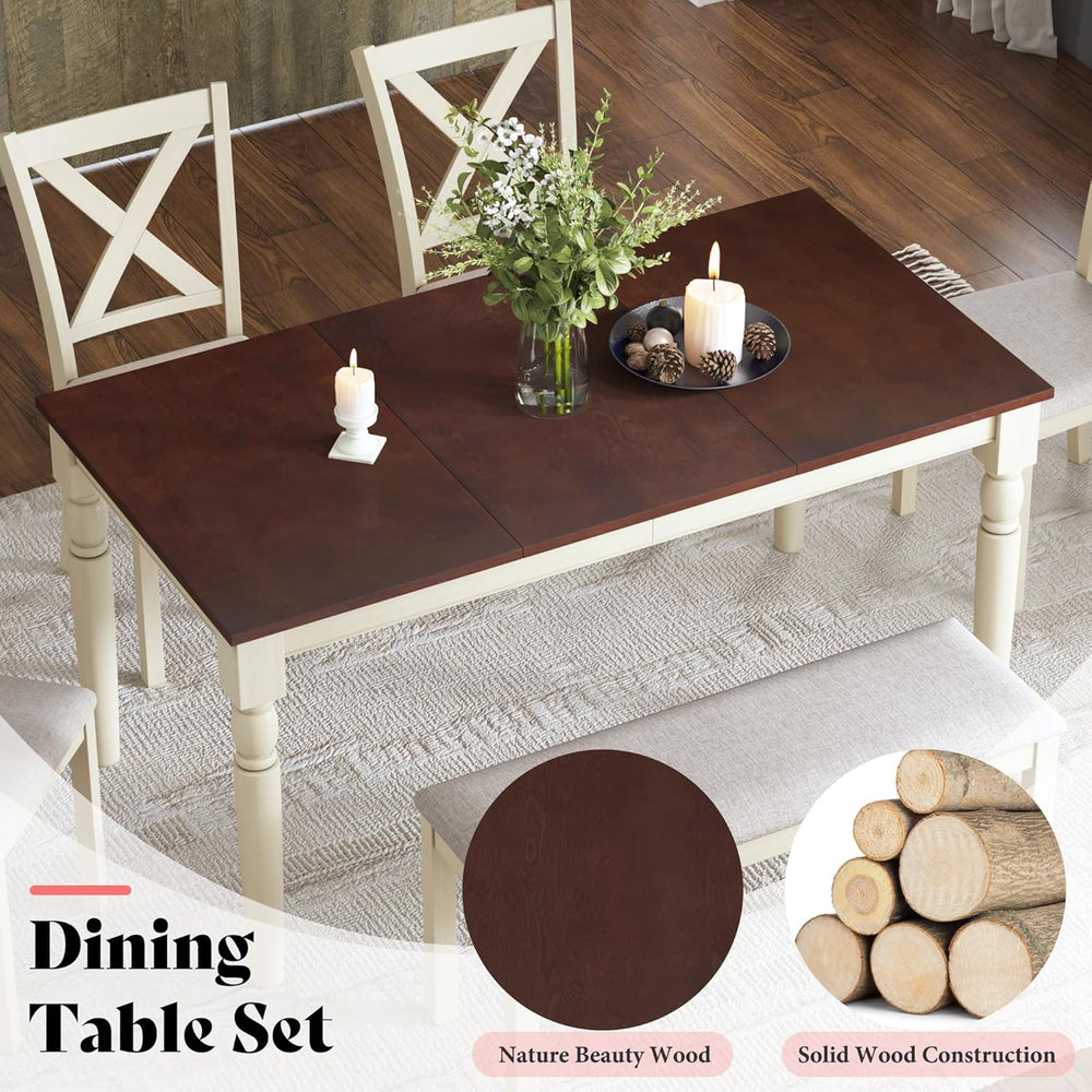 AMERLIFE 6-Piece Farmhouse Dining Table Set for 6-7, 60" Solid Wood Kitc...