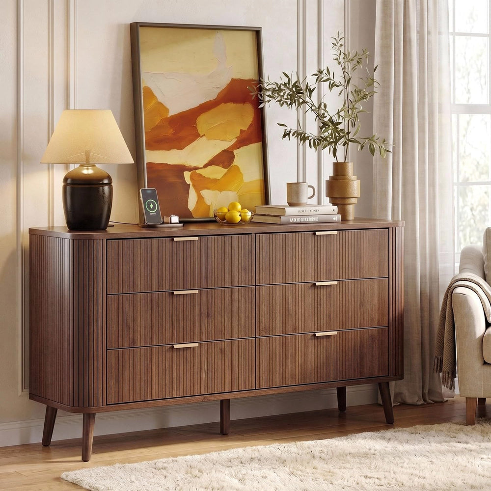 Alohappy Fluted Dresser with Charging Station, 57" W 6-Drawer, Walnut