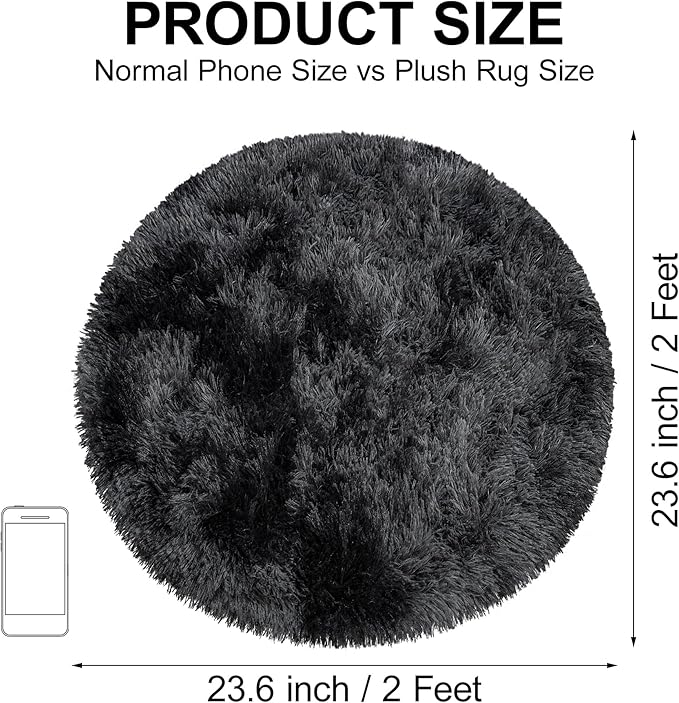 Tie Dye Black Round Rugs Small 2x2 ft Fluffy Circle Rug Furry Carpet Shaggy - Image 2