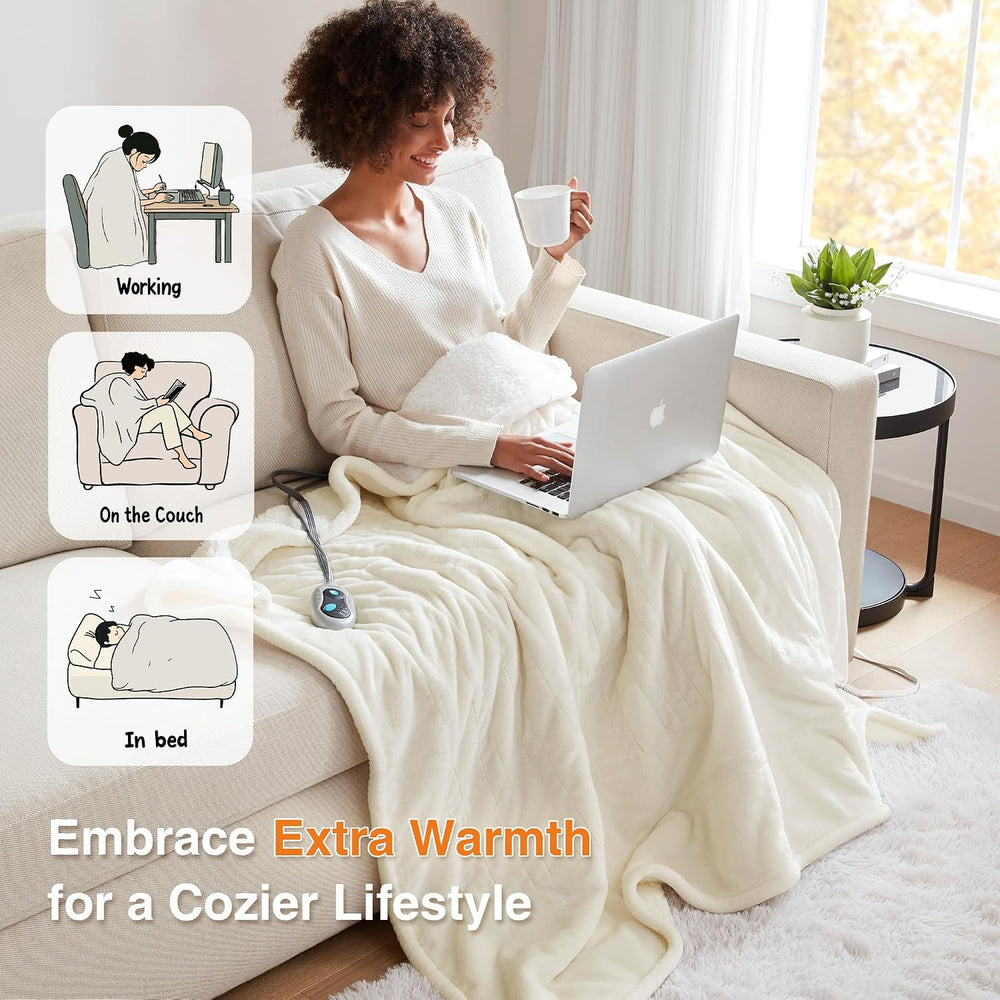 Beautyrest Reversible Heated Throw - Plush Sherpa Heating Blanket, Ivory