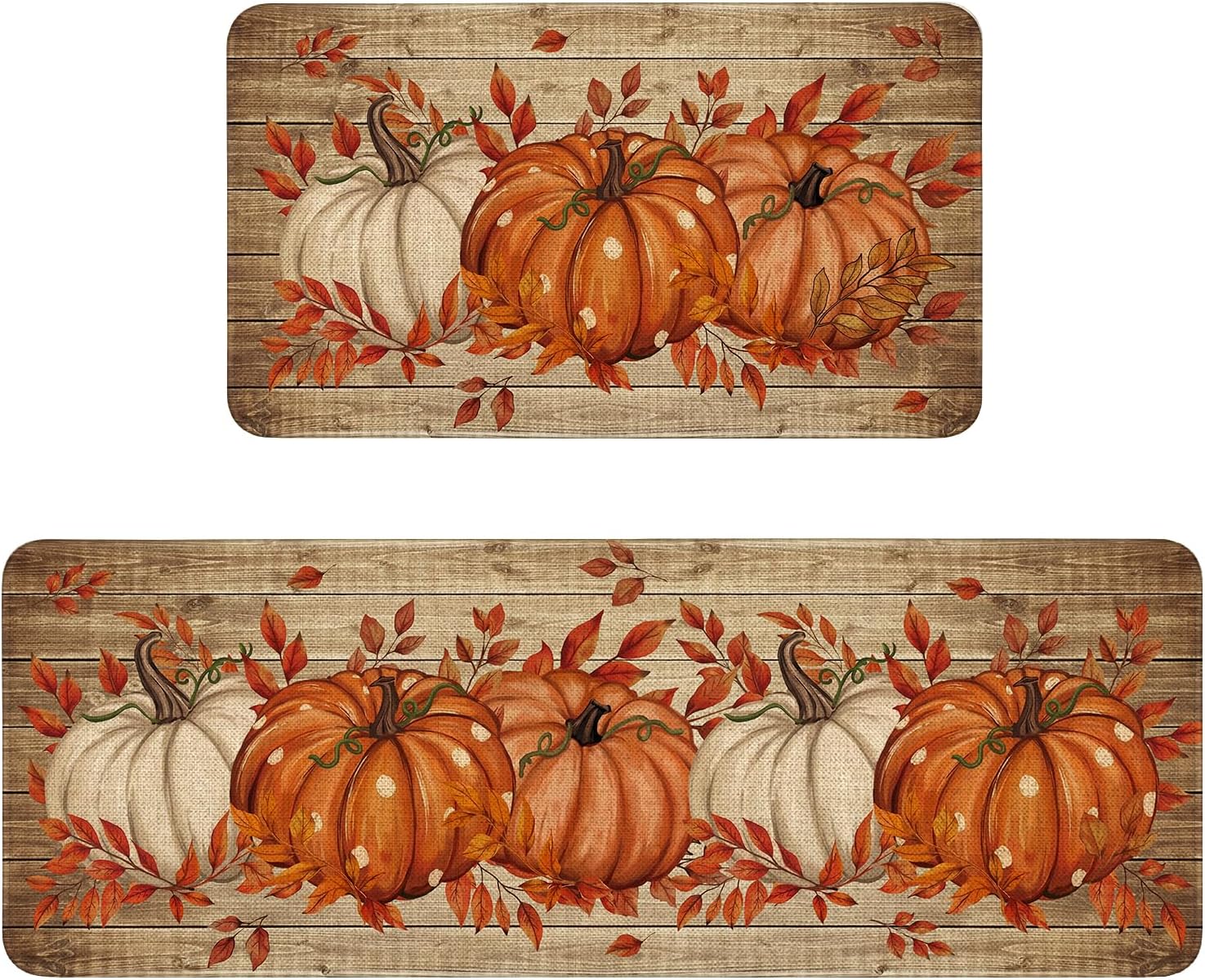 Fall Kitchen Mats Decor, Autumn Pumpkin with Brown Wood Grain Fall Kitchen Rugs Set of 2 Indoor Non Slip Washable Floor Mat Runner Rug Home Decorations