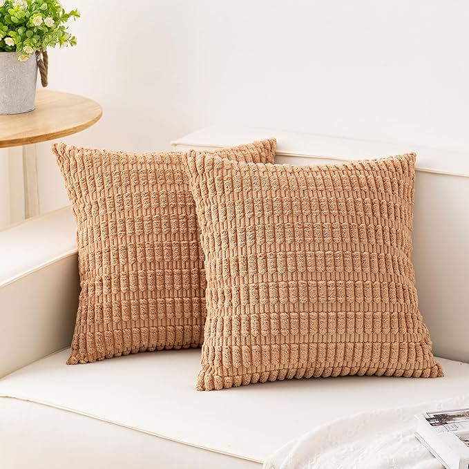 Pack of 2 Corduroy Decorative Throw Pillow Covers 18x18 Inch Soft Striped by Unknown