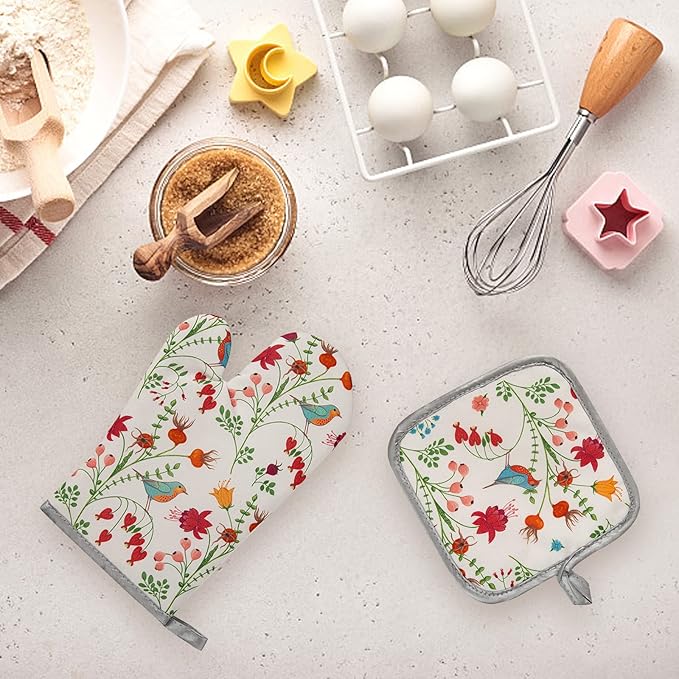 Kitchen Oven Mitts and Pot Holders Sets, Flower Bird Print Oven Gloves and - Image 6