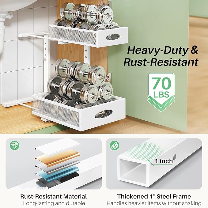 Under Sink Organizer, L-Shaped Adjustable Height, Mesh Sliding Drawer - Image 6