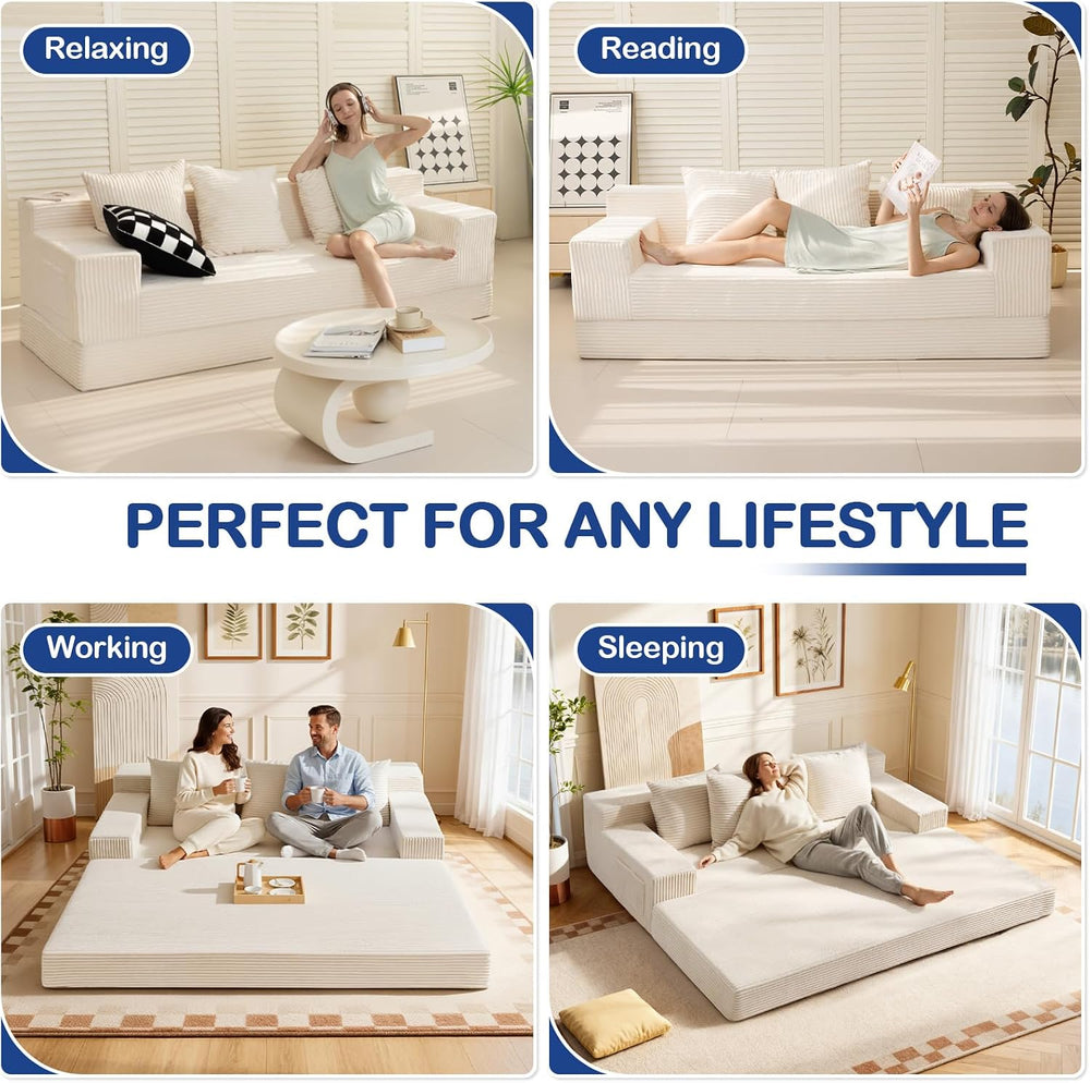 2 in 1 Convertible Boneless Couch Bed, Corduroy futon Sofa Bed, Compression F...