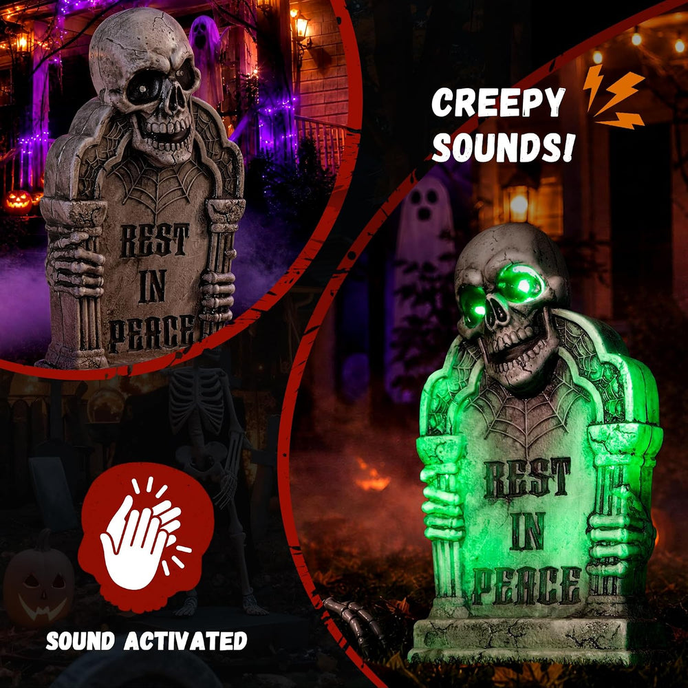 Halloween Decoration Animatronic Tombstone with Skull & Pillars, Sound Ac...