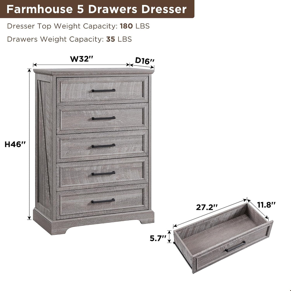 Farmhouse 5 Drawers Dresser Chests for Bedroom, Gray