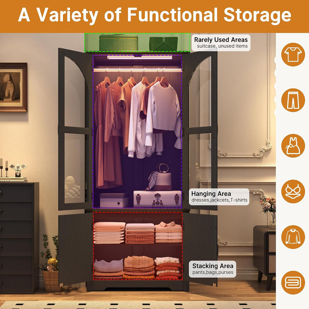 Tall Farmhouse 2 Doors Armoire Wardrobe Closet with LED ,72" Freestandin...
