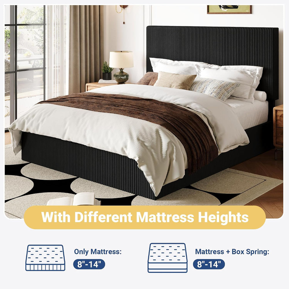 Allewie Full Bed Frame, Adjustable Corduroy Headboard, Platform, Black