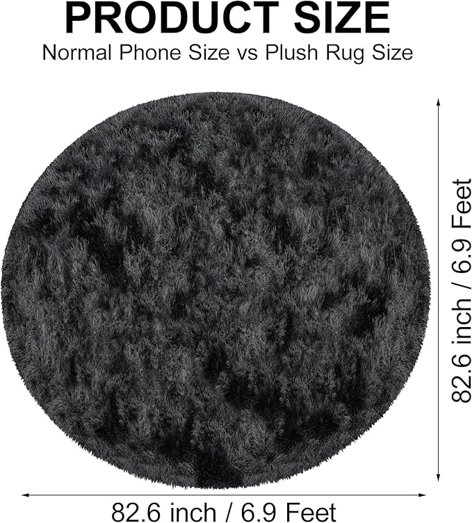 7x7 ft Tie Dye Black Round Rug for Bedroom Room Fluffy Circle Rug Furry Carpet - Image 2