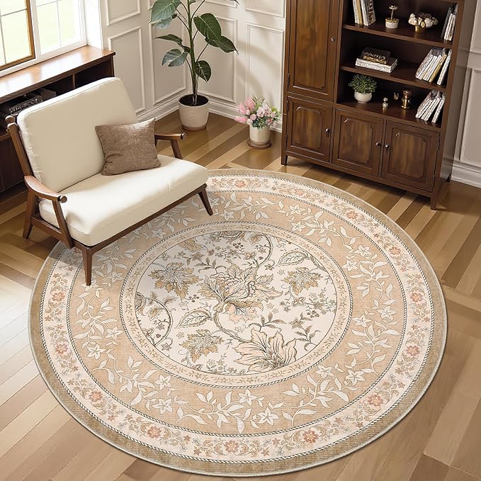 GarveeHome Pinkish Brown Botanical Grove 4ft Round Rug, Small Circle Vintage by GarveeHome
