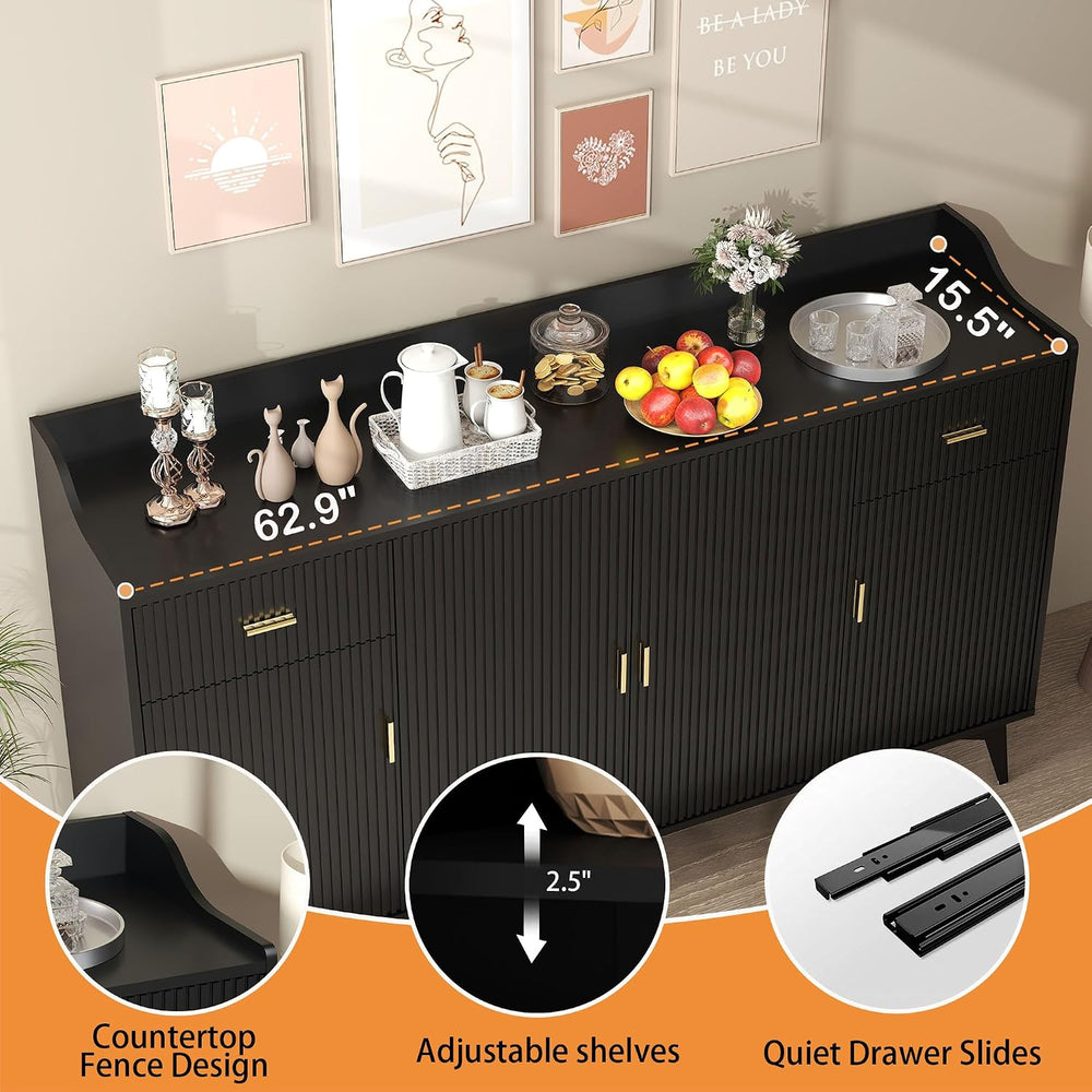 Sideboard Buffet Cabinet with Drawers: 63" Black Fluted Sideboard Cabine...