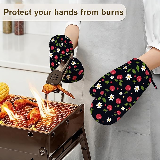 Cherry Oven Mitts and Pot Holders Sets of 4, Heat Resistant Daisy Floral - Image 6