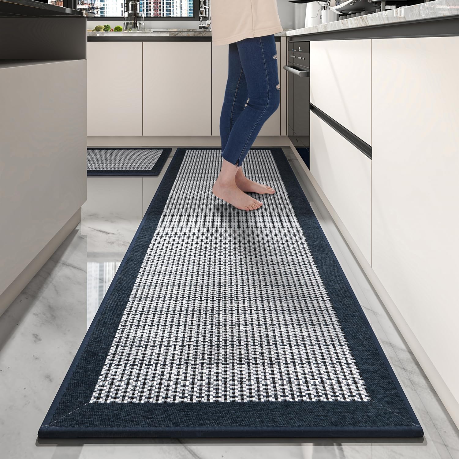 PADOOR Extra Large Kitchen Runner Rugs and Mats 2PCS, 2.5'x6'+20"x32",Blue | Non Slip Stain Resistant Kitchen Mats for Floor, Machine Wahable Absorbent Long Rugs for Sink, Laundry & Entryway,Sets of 2