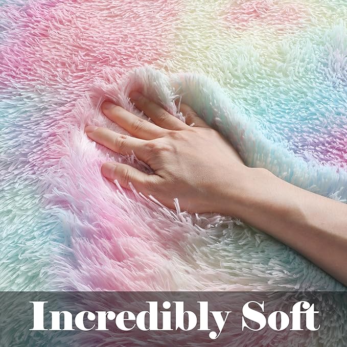 ONASAR Rainbow Area Rugs for Girls Bedroom, 4x6 Fluffy Bedside Colorful Rug - Image 2