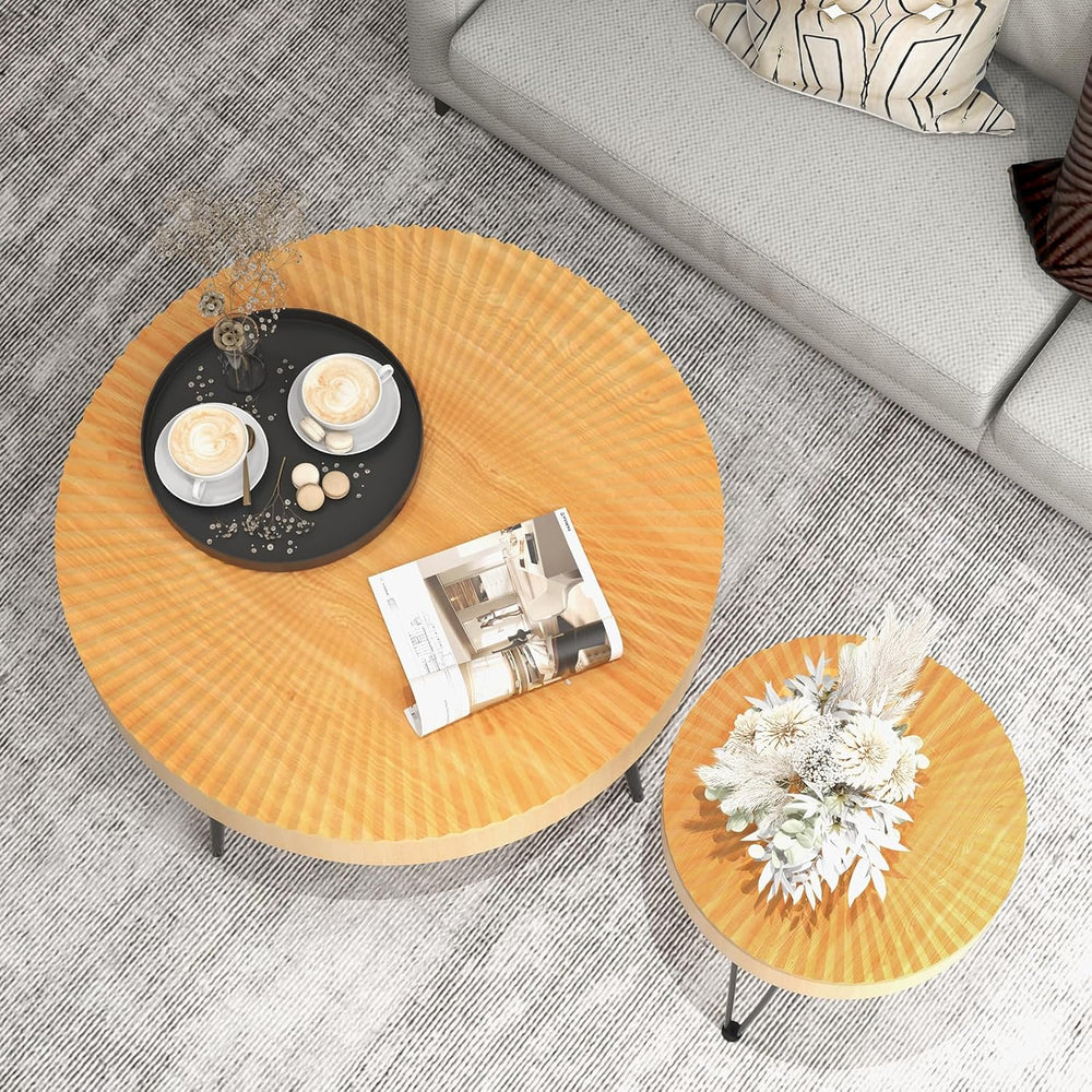 Giantex Boho Round Coffee Table Set of 2, Sofa Side Nesting Table with Solid ...