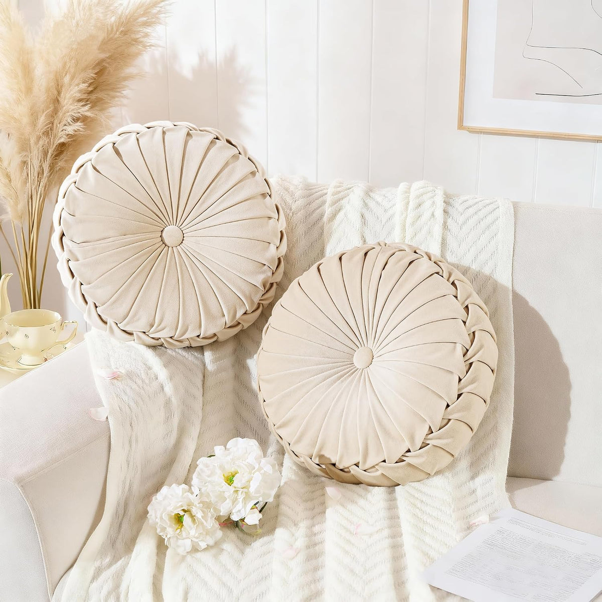 rose&risy round pleated velvet throw pillows, 2 pack, main product view