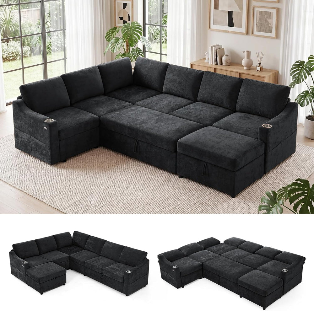 116" Chenille Modular Sofa Bed w/Adjustable Backrests, Black