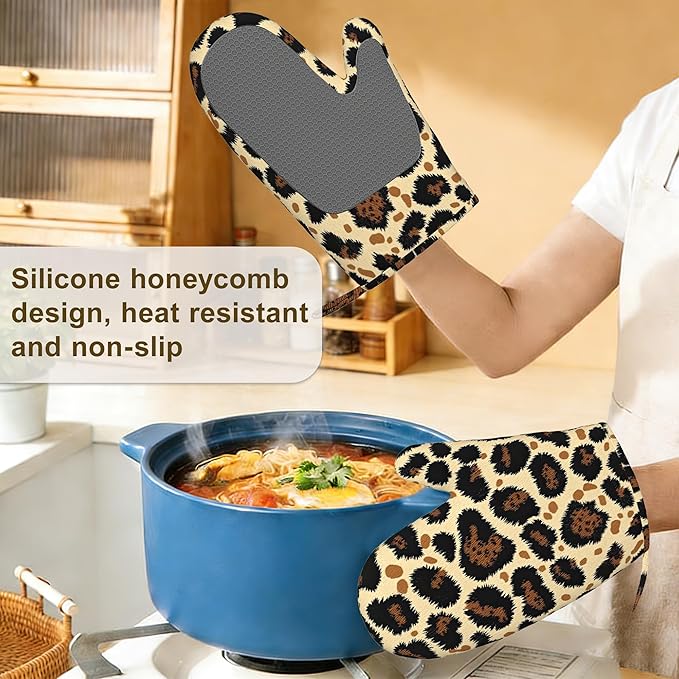 Leopard Print Oven Mitts and Pot Holders Sets of 4, Heat Resistant Silicone - Image 4