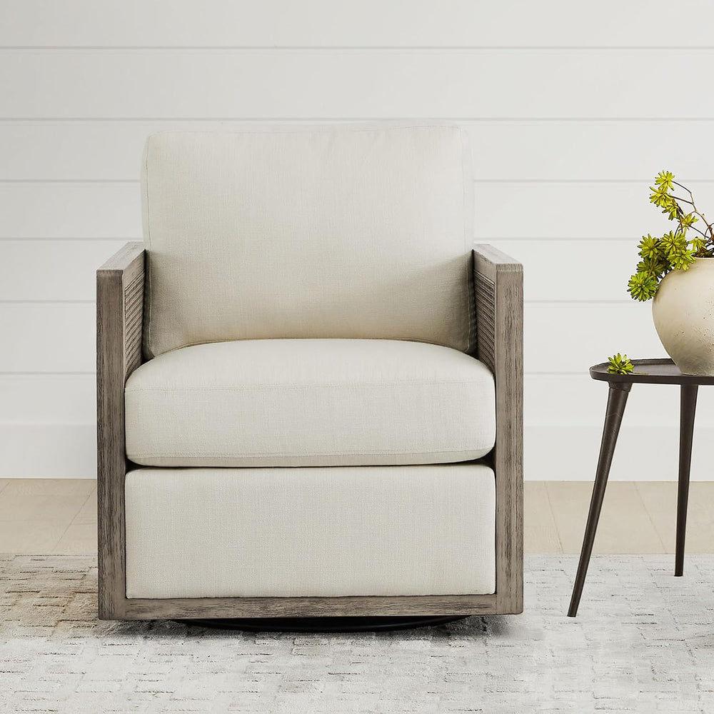 CHITA Rattan Swivel Accent Chair with Wood Frame, Fully Assembled, Cream