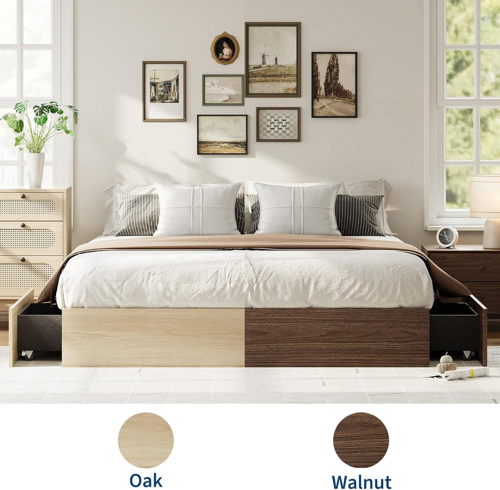 IDEALHOUSE Full Bed Frame with 2 Storage Drawers,Wooden Floor Bed Frame