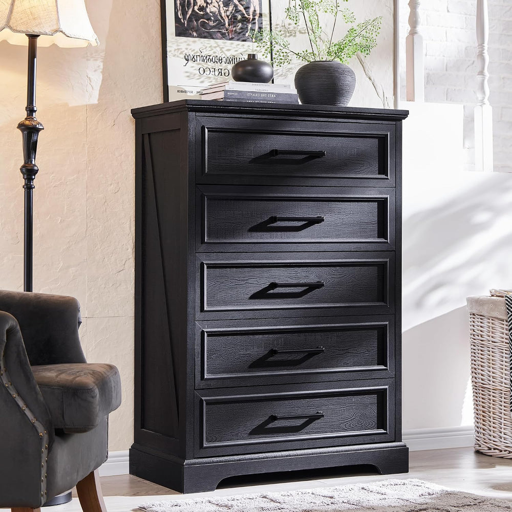 ACCOHOHO Farmhouse 5 Drawers Dresser Chests for Bedroom, Black