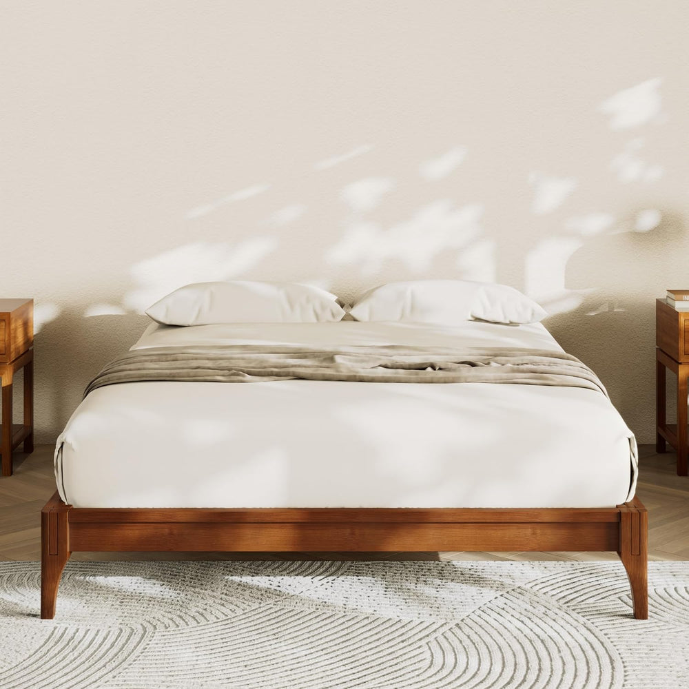 Merax Full Size Mid-Century Solid Bamboo Wood Bed Frame, Brown