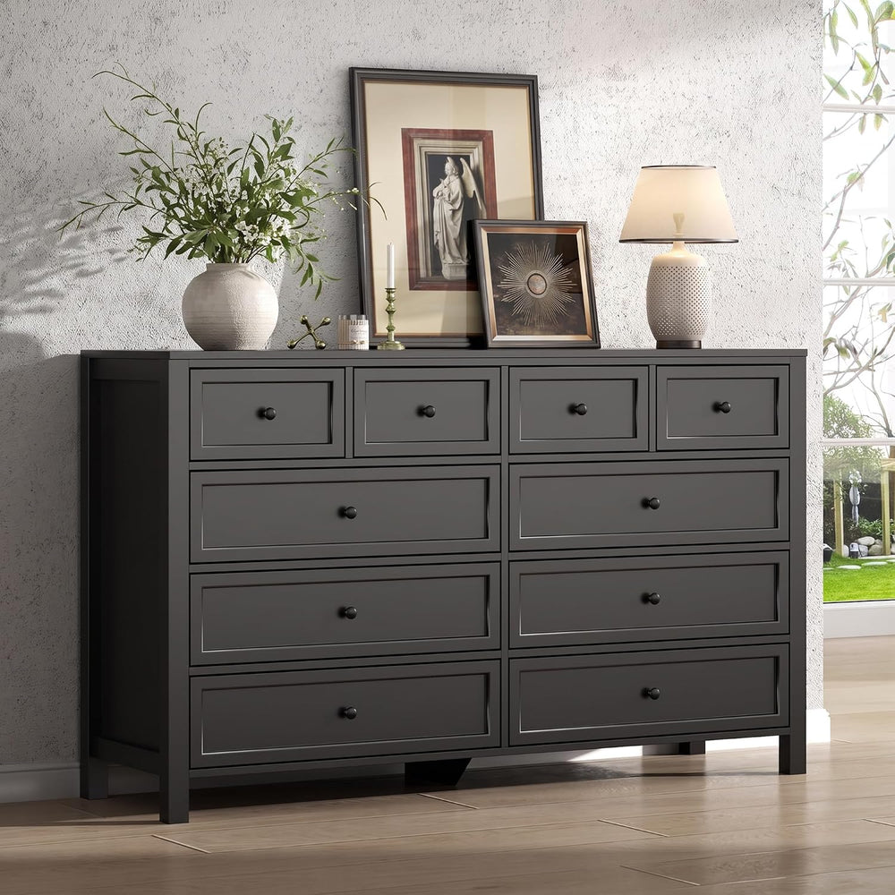 Black Dresser with 10 Drawers, Farmhouse Chest of Drawers for Bedroom