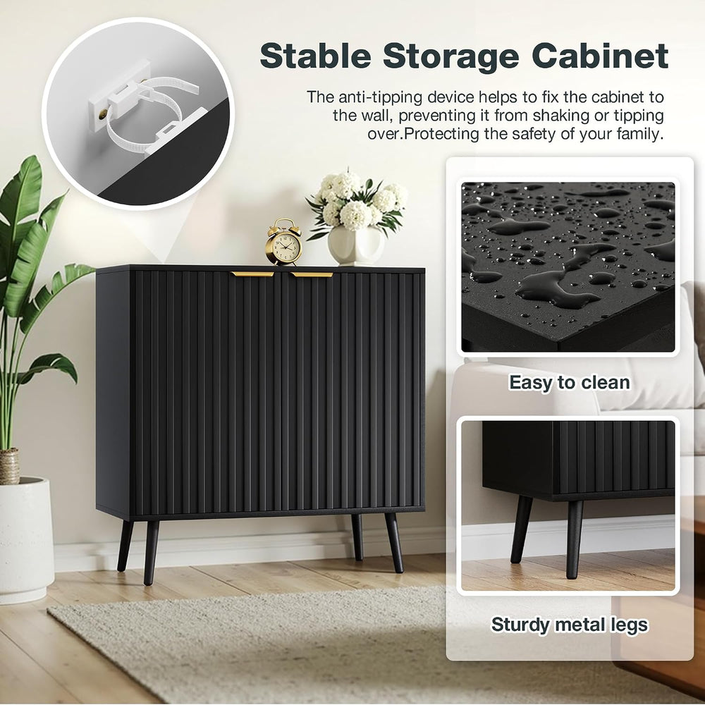 Vrullu Modern Storage Cabinet, Black Sideboard and Buffet Storage, Wood Accen...