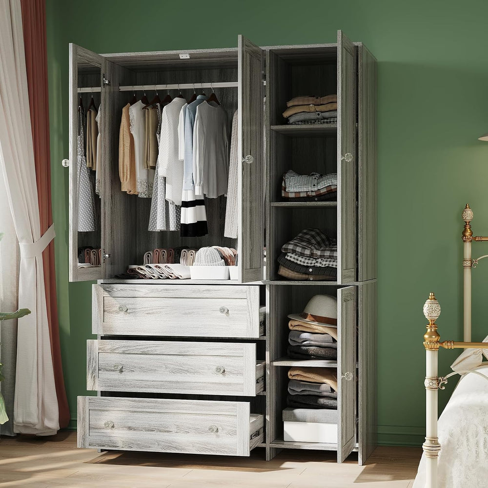 VOWNER 71" H Armoire Wardrobe Closet with 3 Drawers and Mirror