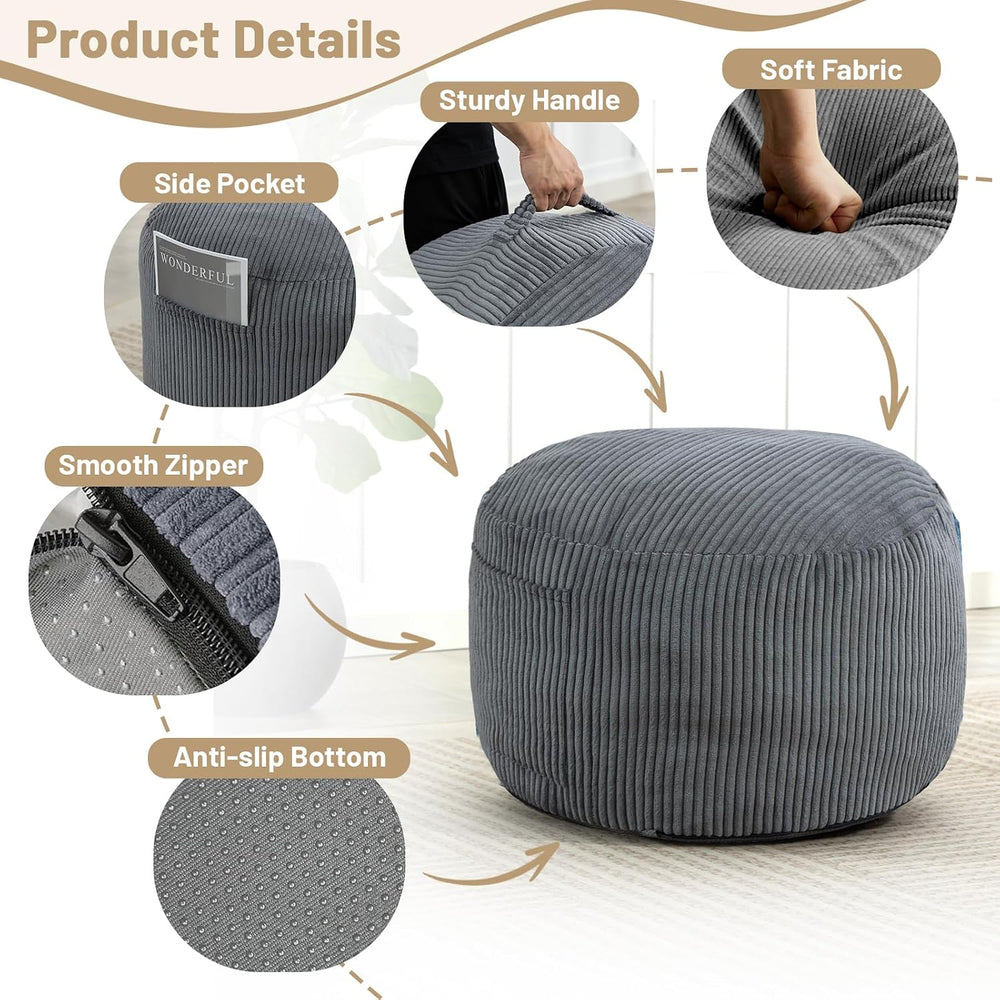 Round Stuffed Pouf Ottoman (Gray, 20" D x 20" W x 15" H)