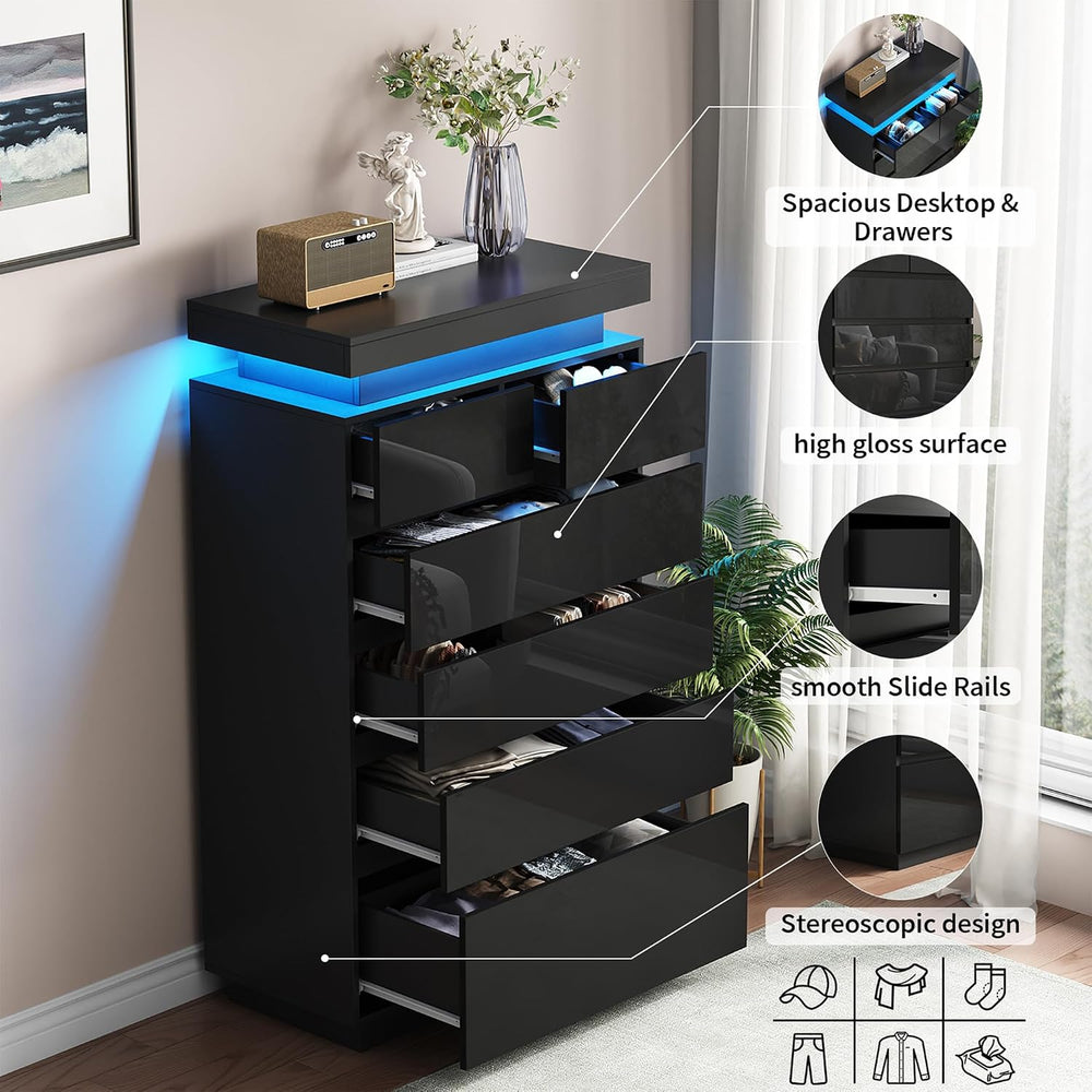 51" Tall Gloss 6 Drawer Dresser with Adjustable LED Light, Black