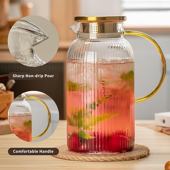 Buaic Glass Pitcher with Lid, 84oz/2.5 Liter Classic Vertical Stripes Water - Image 3