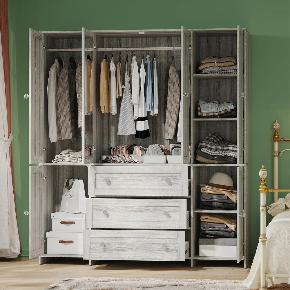 VOWNER 71" Armoire Wardrobe Closet with Drawers and Mirror, 6 Doors