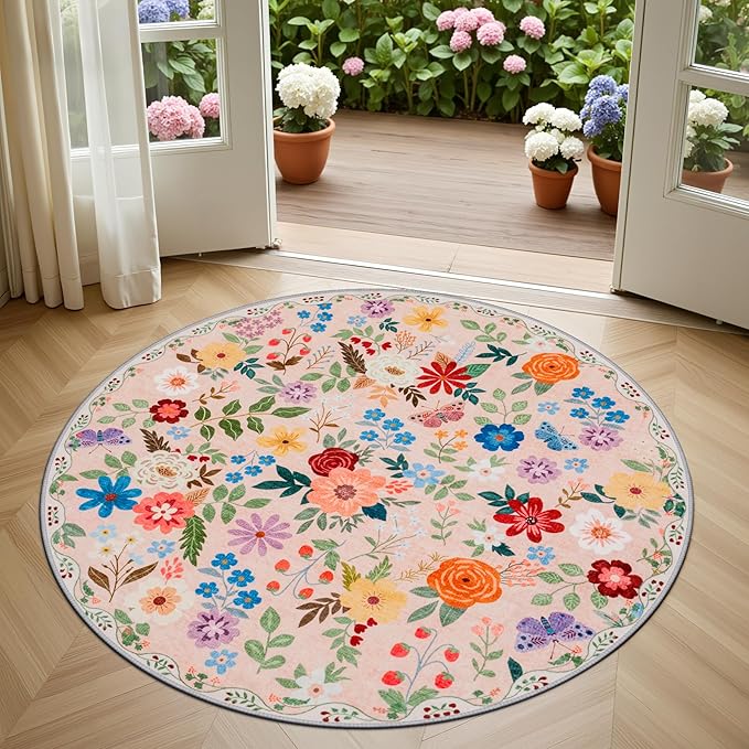 Round Area Rug for Living Room: 4 ft Floral Washable Circle Rug Soft Boho - Image 2