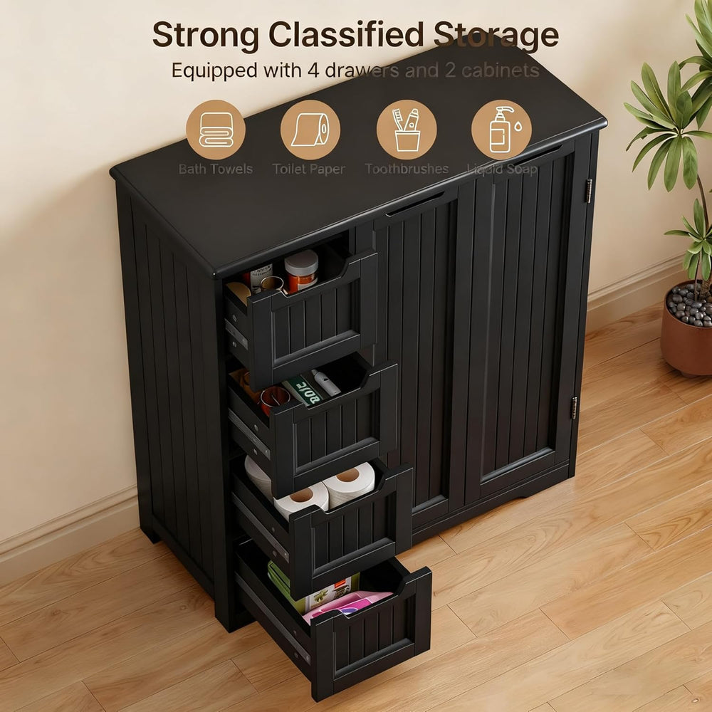 Gizoon Wooden Bathroom Floor Cabinet, Side Storage Organizer Cabinet with 4 D...