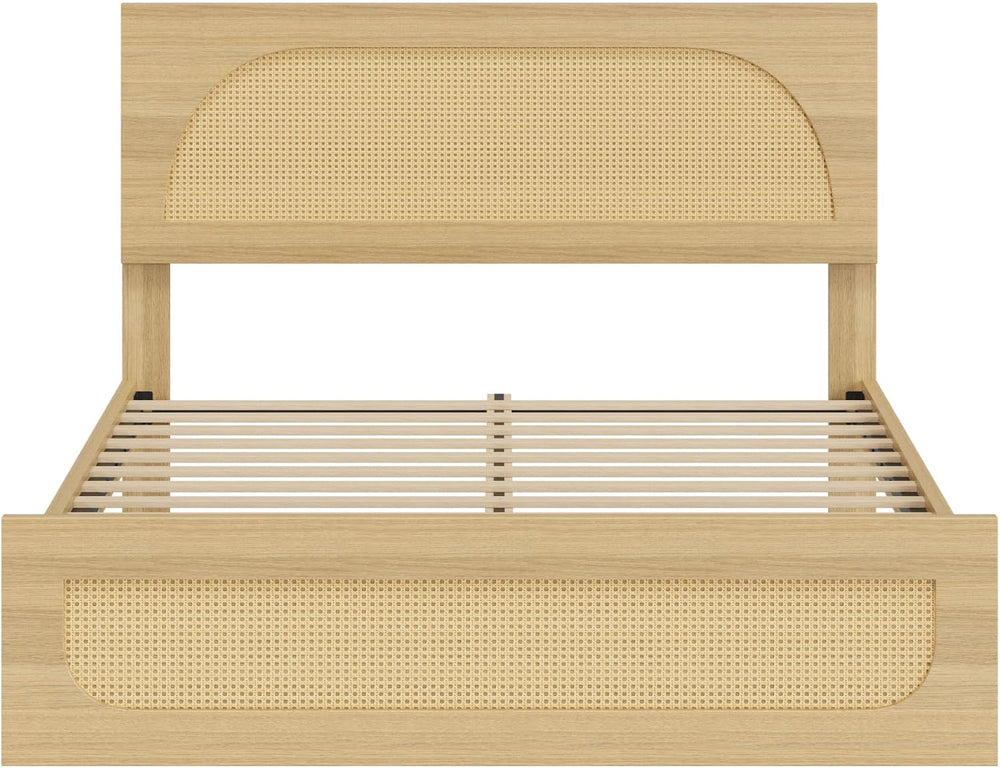 KISLOT Boho Rattan Bed Frame, Farmhouse Platform, Natural, Queen