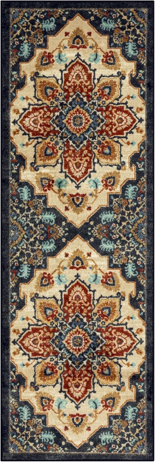 Maples Rugs Ruby Oriental Runner Rug - Made in USA - Washable, Non Slip Indoor Carpet for Hallway, Kitchen, and Laundry Room, 2' x 6', Red/Gold