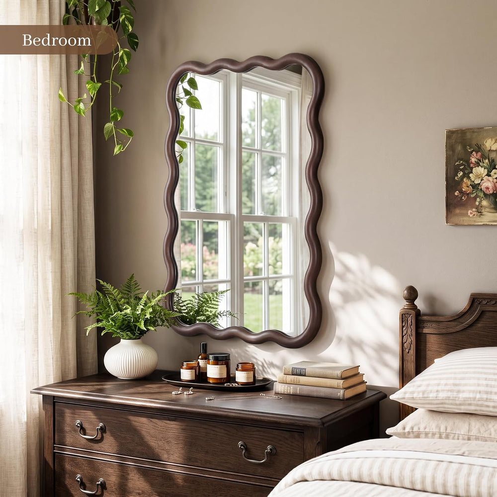 22"x30" Wavy Wood Mirror, Rectangular Wall Mirror with Natural Wood...