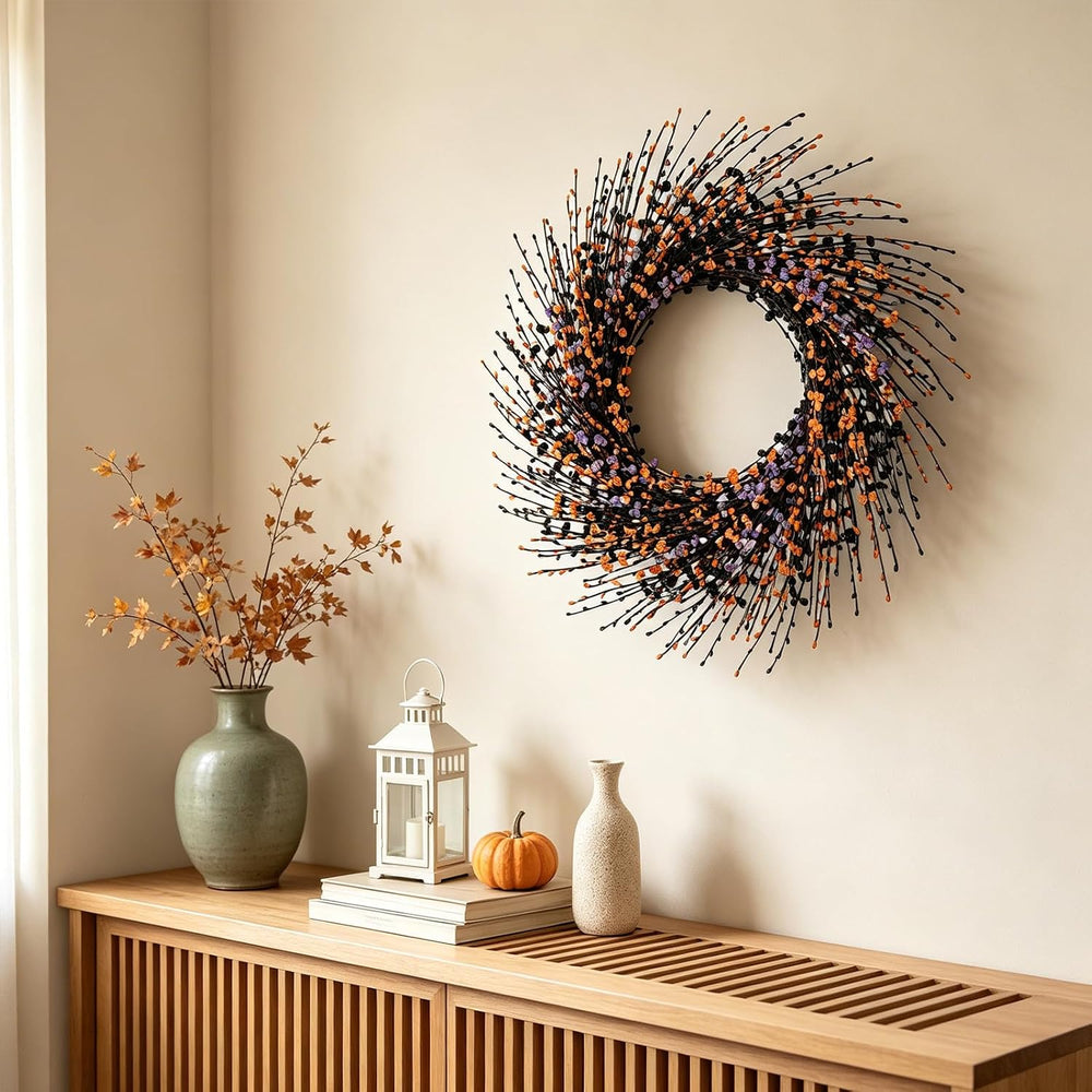 Idyllic 24 Inch Halloween Wreath Black Orange Purple for Front Door
