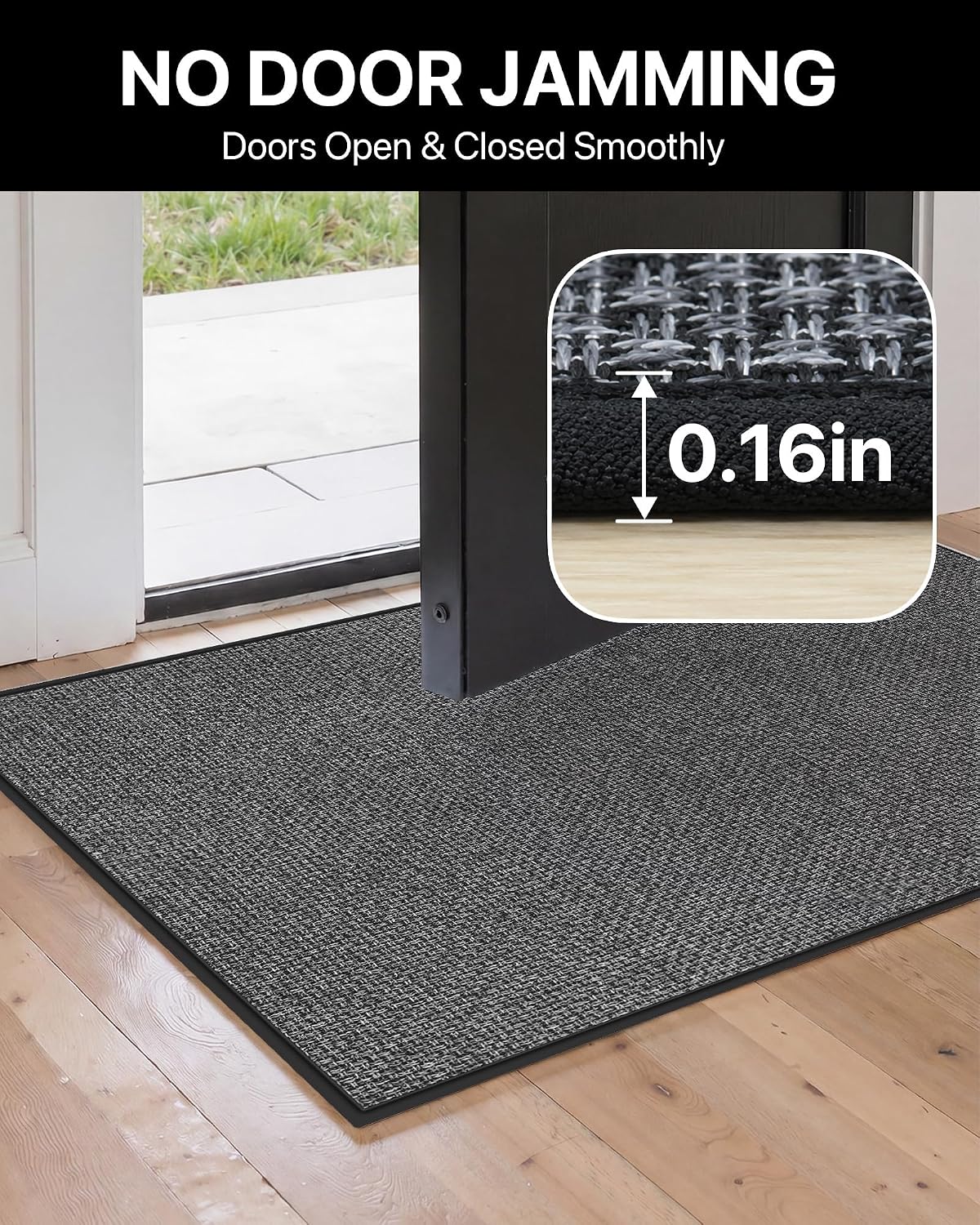 Door Mat Indoor Entrance, 24" x 36" Ultra Thin Non Slip Door Mat with Rubber Backing, Low Profile Easy Clean Dirt Trapper Doormat for Entryway Front Door Patio Porch, Charcoal Grey