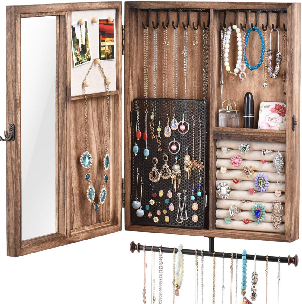 Keebofly Wall Mounted Jewelry Organizer Box Rustic Wood Large Space Jewelry C...