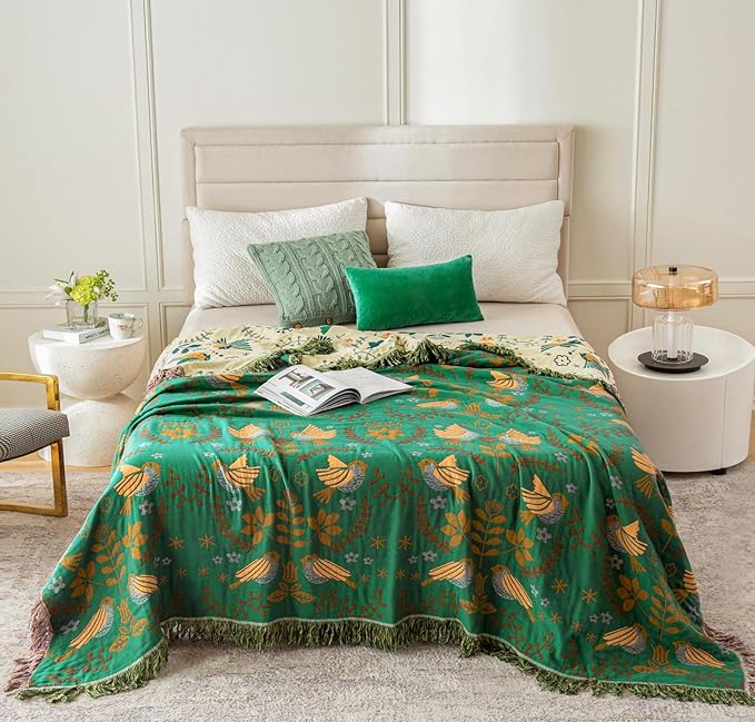 MSGKV Boho Throw Blanket 100% Cotton Green Blanket 90''x 98'' Spring Reversible - Image 4