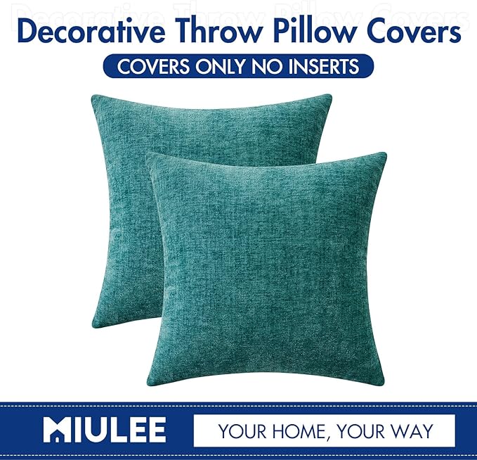 MIULEE Pack of 2 Teal Throw Pillow Covers 16x16 Inch Soft Chenille Pillow Covers - Image 6