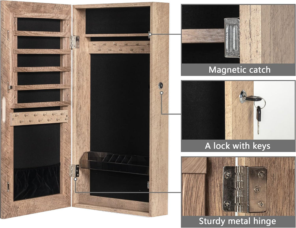LAVIEVERT Lockable Jewelry Cabinet Armoire w/Frameless Mirror - Wood Grain | ...