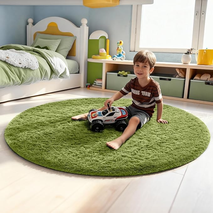 Ophanie Green Round Rug 5Ft Circle Area Rug, Fluffy Fuzzy Bedroom Carpet - Image 3