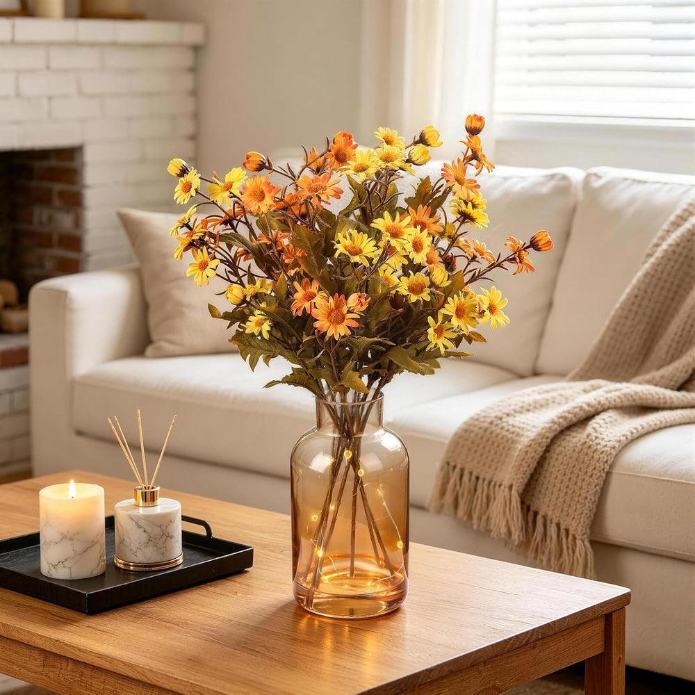 Artificial Daisy Flowers Fall Flowers in Amber Glass Vase with Faux Water